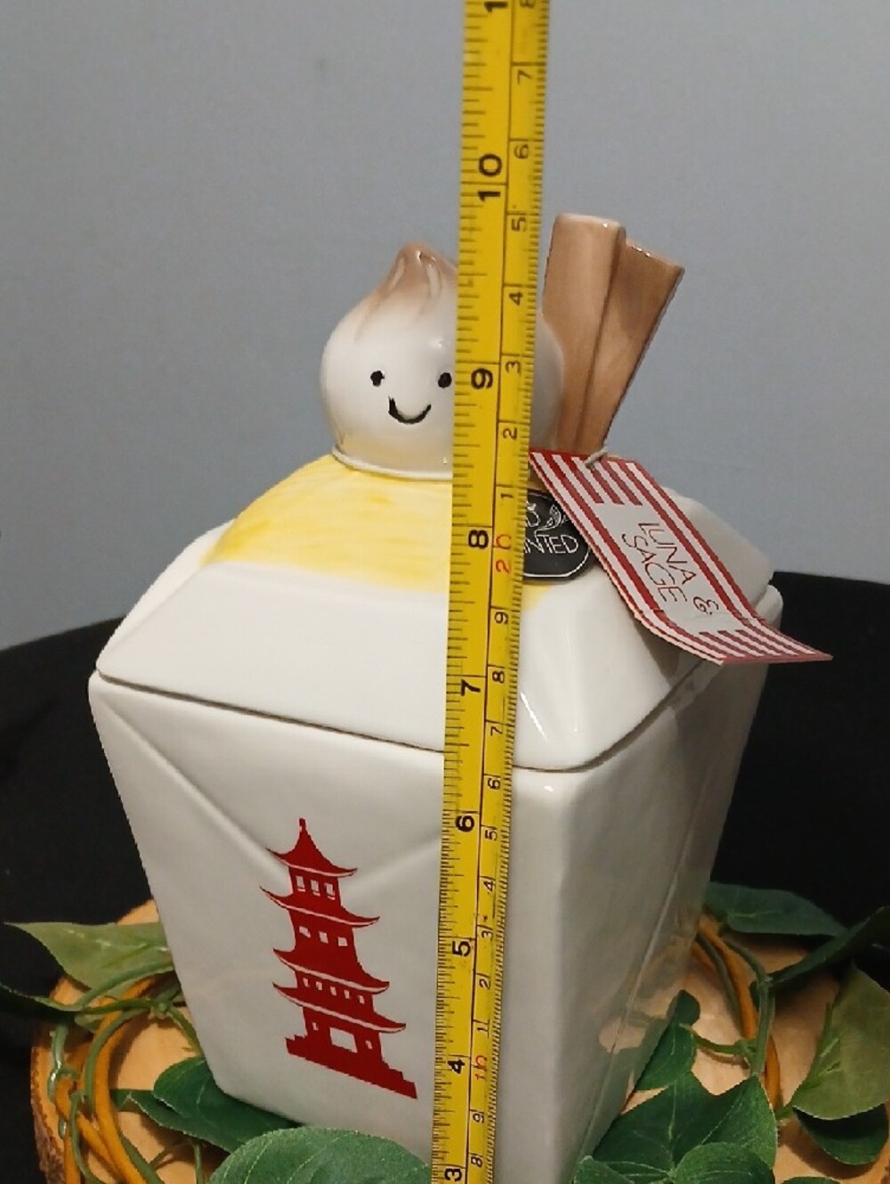 New! Ceramic Dumpling Canister with Red Pagoda and Yellow Lid Accent NWT - Picture 11 of 12